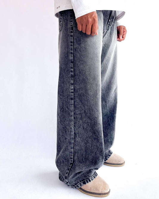Gray Stone Washed Wide Leg Baggy